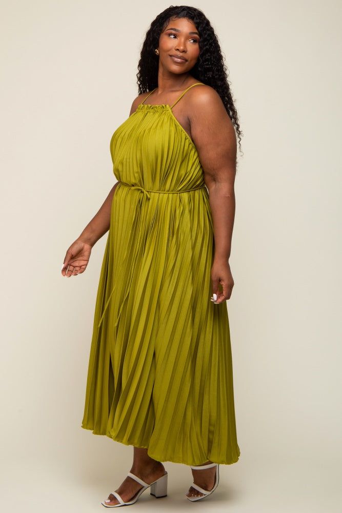 Lime Pleated Sleeveless Waist Tie Plus Maxi Dress sold by Pinkblush product image thumbnail 2