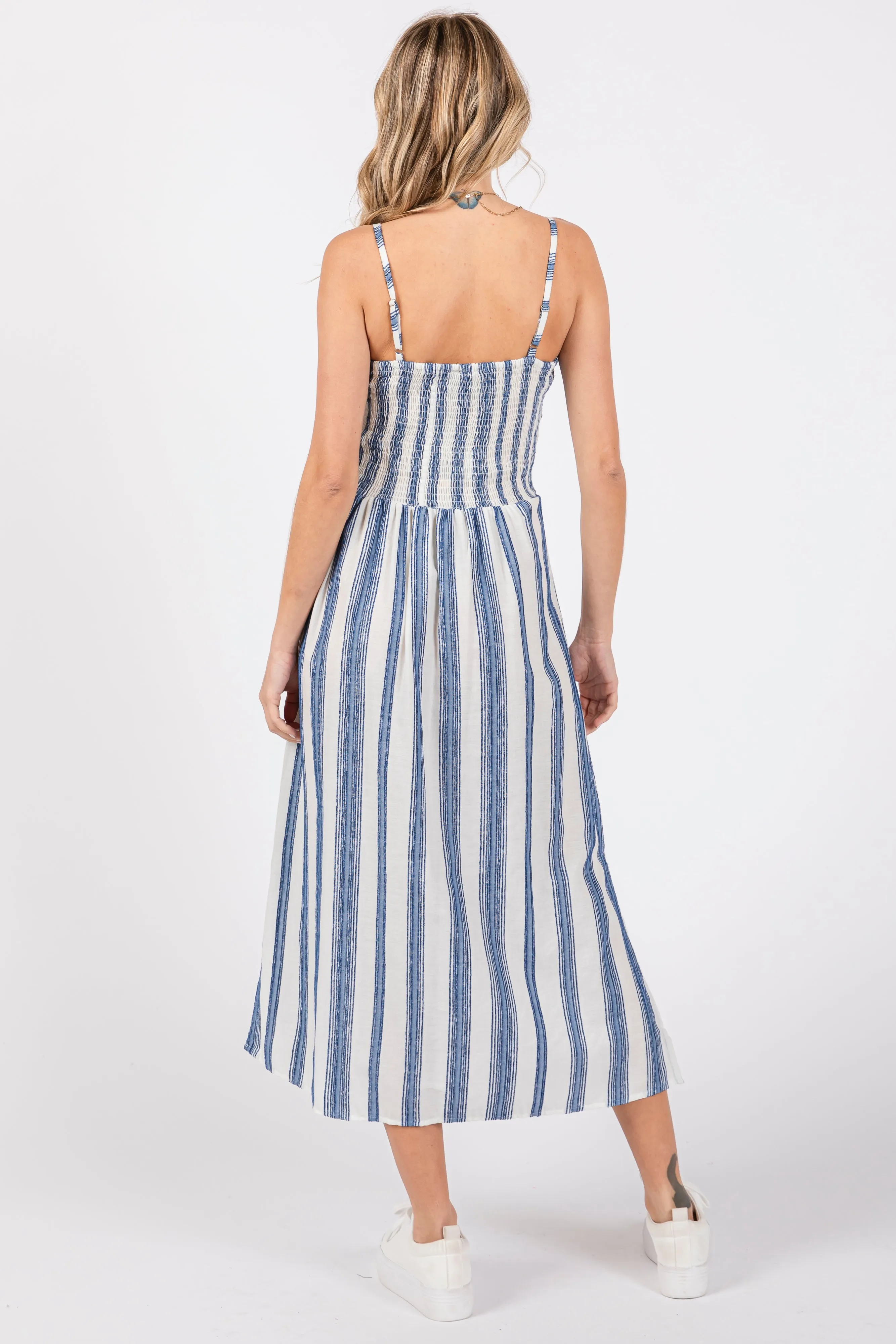 Blue Embroidered Striped Front Cutout Side Slit Midi Dress sold by Pinkblush product image thumbnail 3