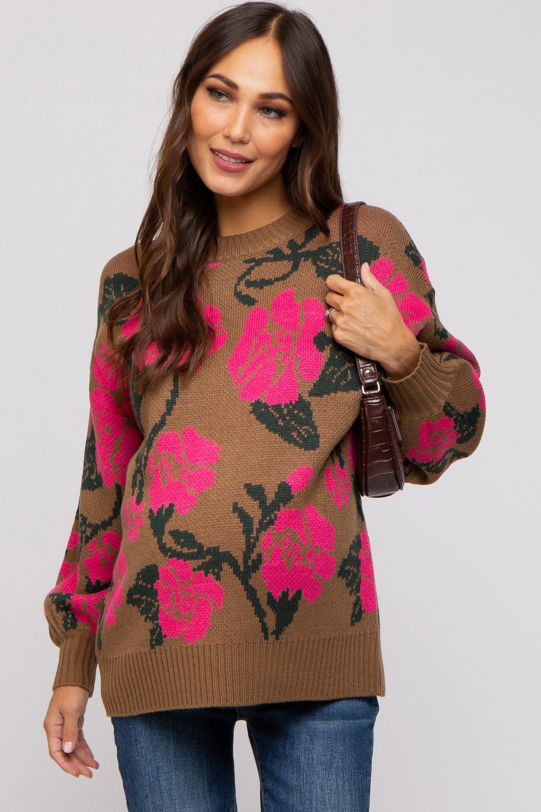 Camel Floral Print Maternity Sweater sold by Pinkblush