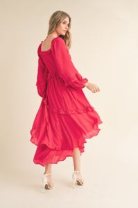 Fuchsia Smocked Ruffle Long Sleeve Midi Dress sold by Pinkblush
