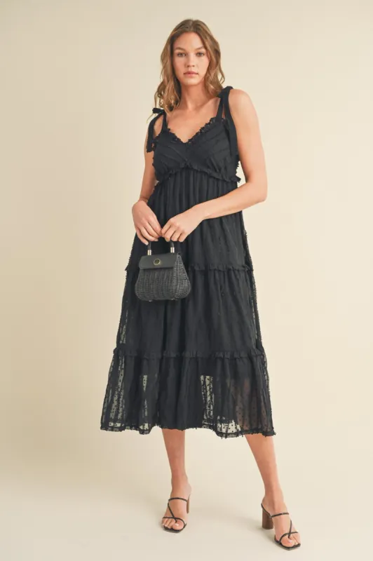 Black Textured Tie Strap Tiered Midi Dress sold by Pinkblush