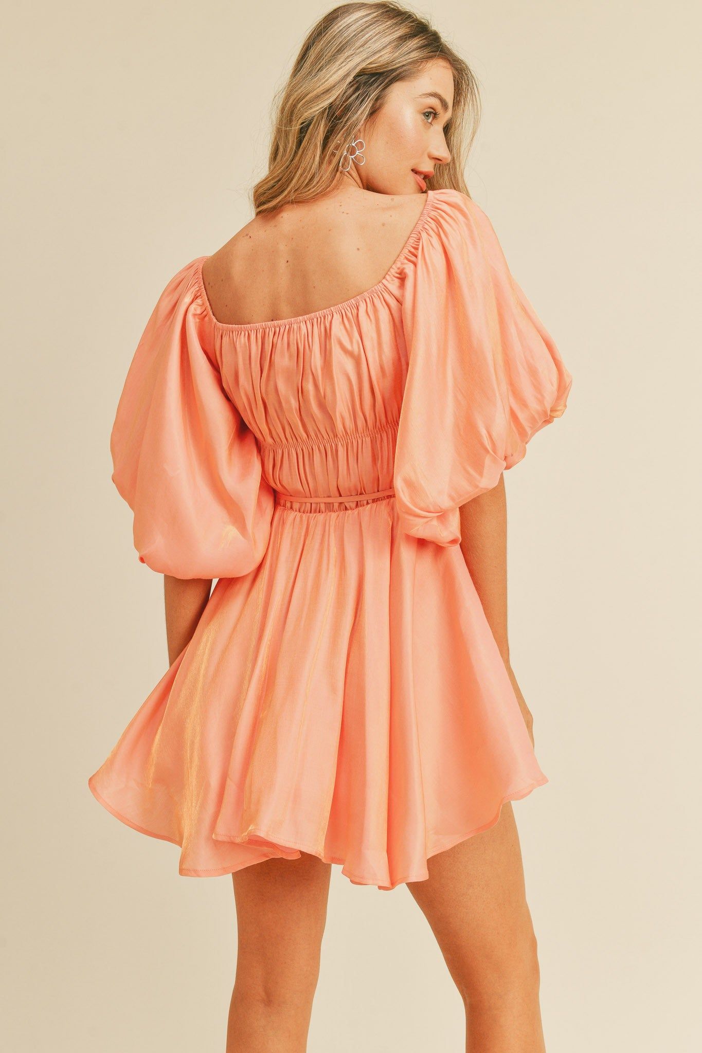 Peach Metallic Bubble Sleeve Flared Mini Dress sold by Pinkblush product image thumbnail 3