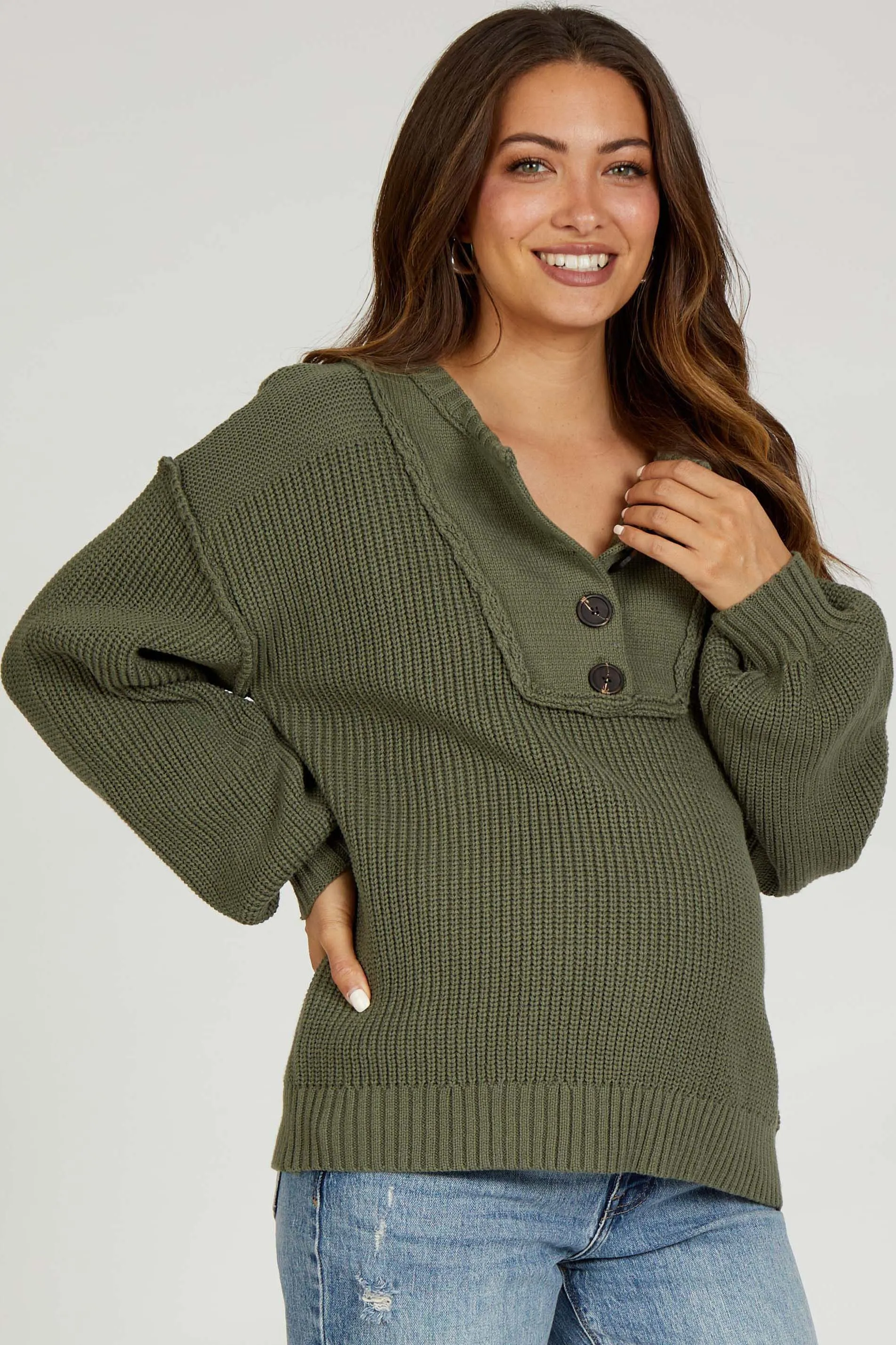 Olive Front Button Knit Maternity Sweater sold by Pinkblush product image thumbnail 2