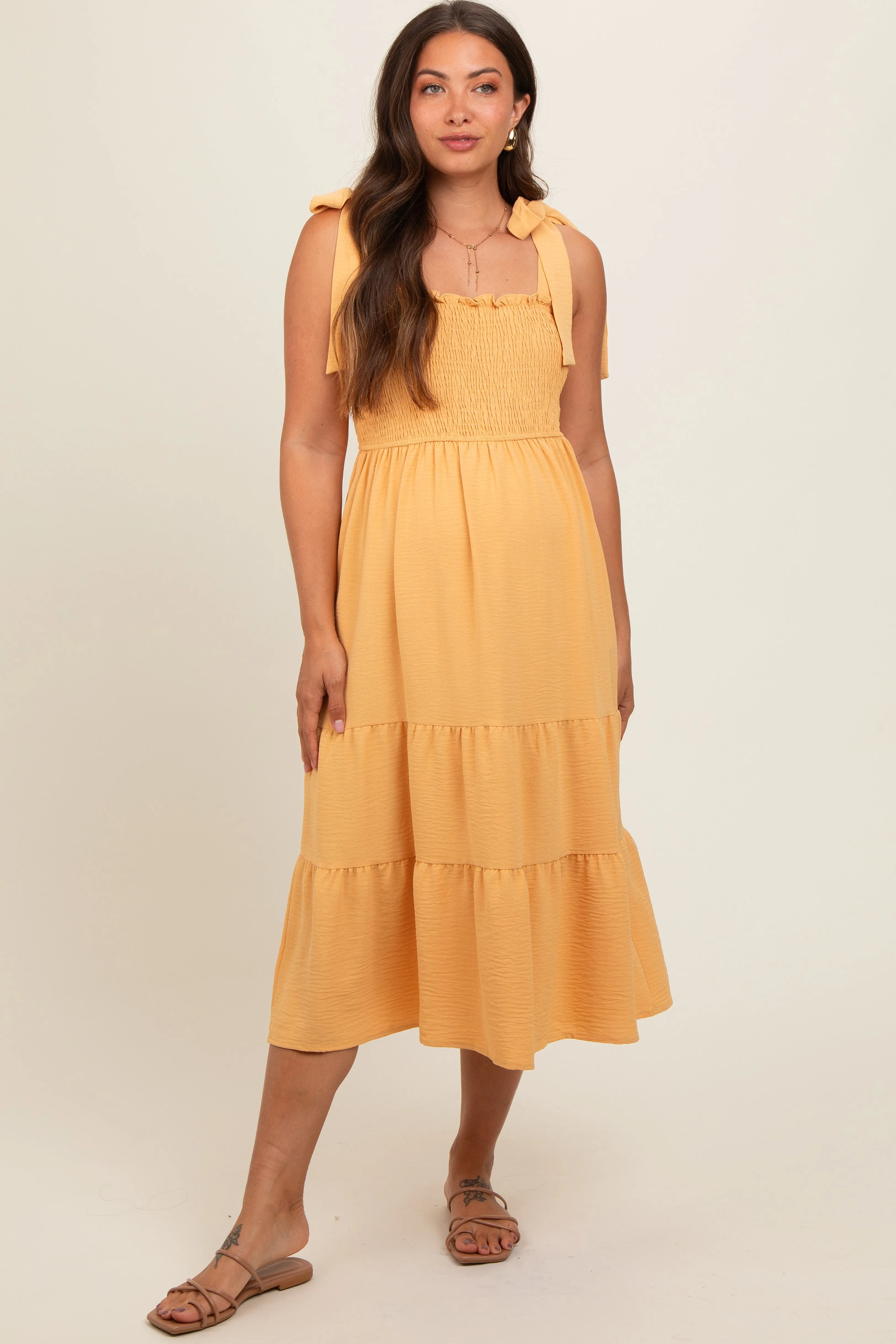 Yellow Smocked Tie Strap Tiered Maternity Midi Dress sold by Pinkblush product image thumbnail 2