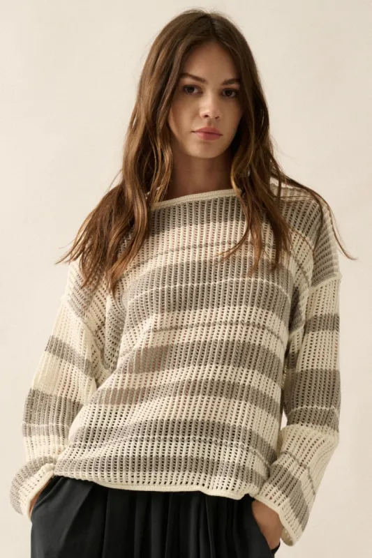 Cream Grey Oversized Stripe Colorblock Crochet Knit Sweater sold by Pinkblush