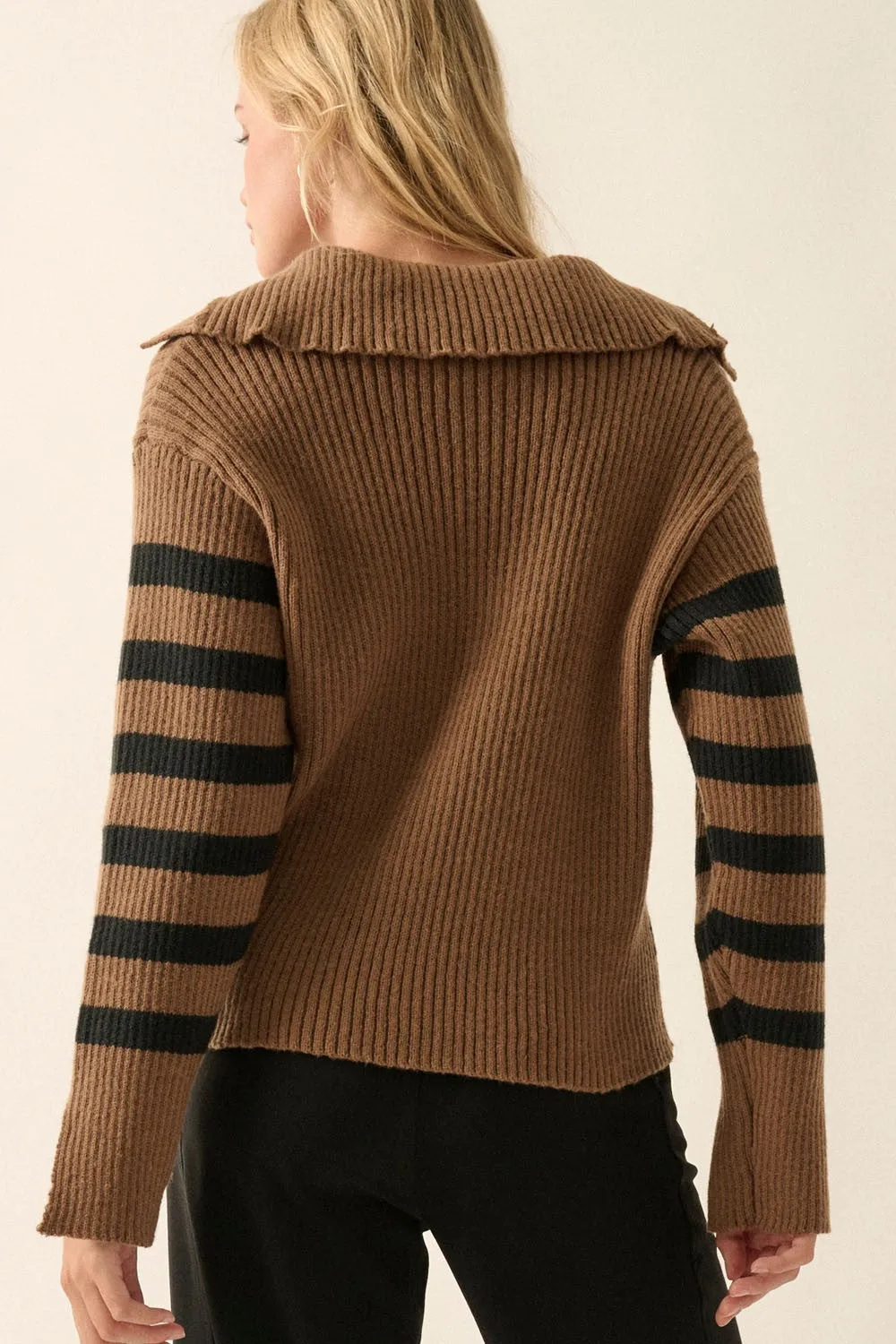 Brown-Black Stripe Oversize Collar V Neck Rib Knit Sweater Top sold by Pinkblush product image thumbnail 3