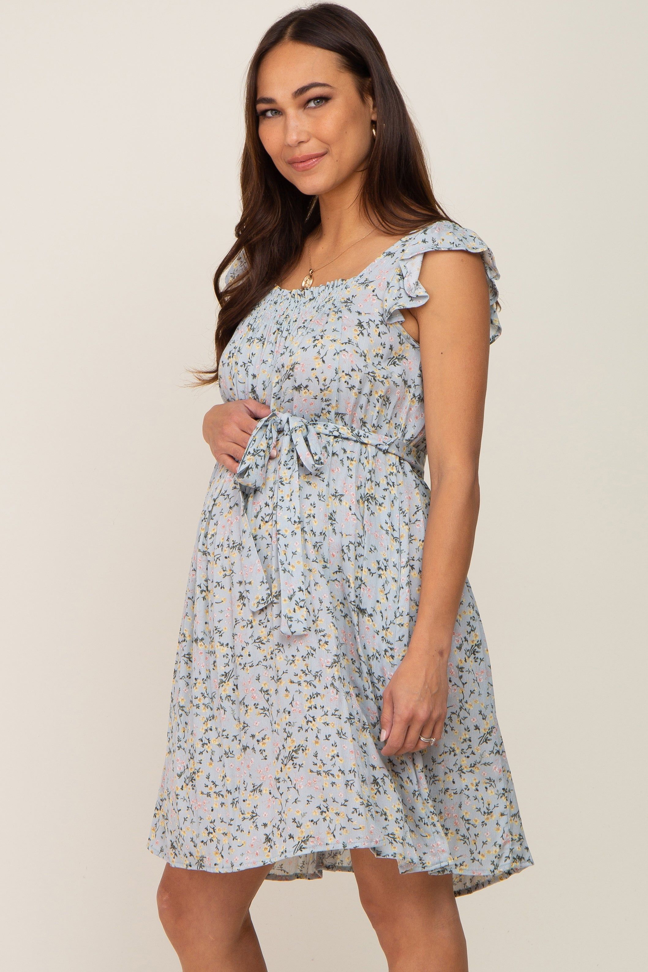 Light Blue Floral Flutter Sleeve Waist Tie Maternity Dress sold by Pinkblush product image thumbnail 3