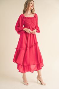 Fuchsia Smocked Ruffle Long Sleeve Midi Dress sold by Pinkblush