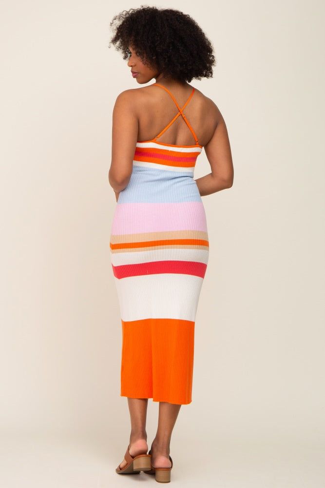 Orange Striped Soft Ribbed Cross Back Maxi Dress sold by Pinkblush product image thumbnail 3