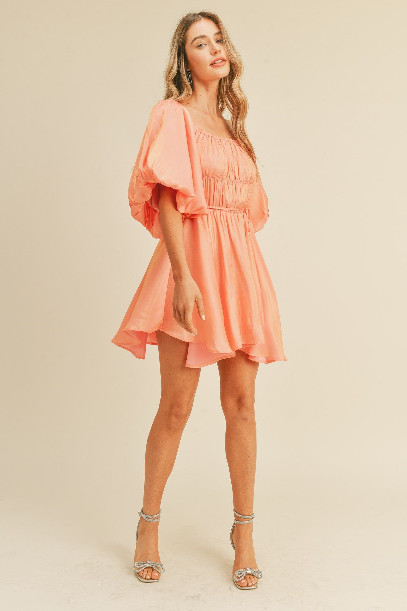 Peach Metallic Bubble Sleeve Flared Mini Dress sold by Pinkblush product image thumbnail 4