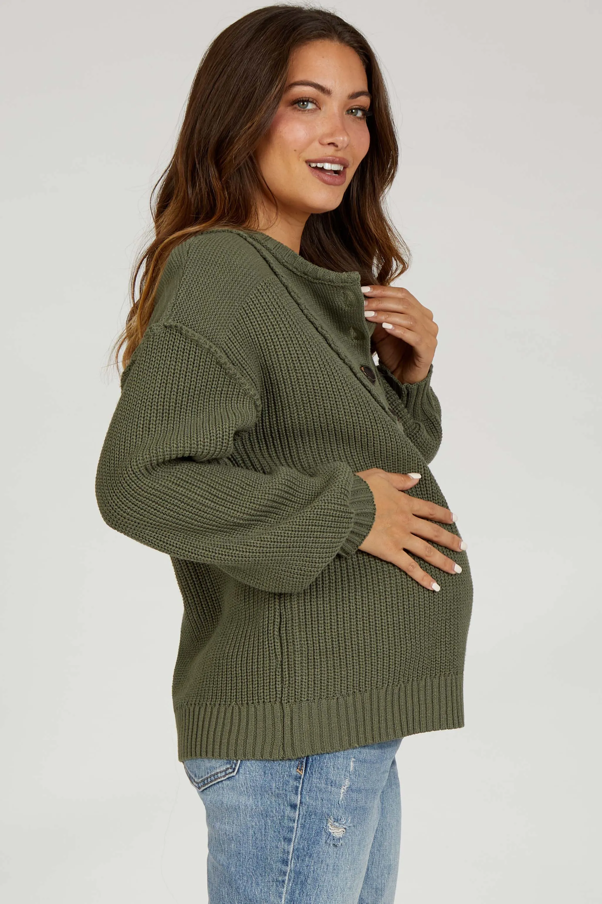Olive Front Button Knit Maternity Sweater sold by Pinkblush product image thumbnail 3