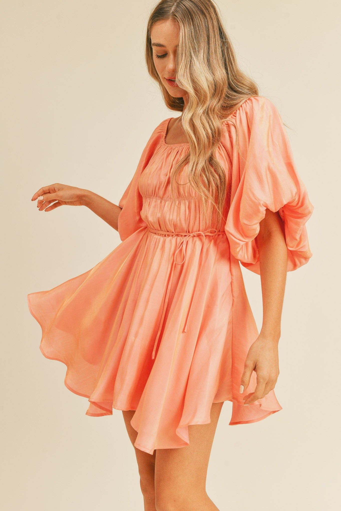 Peach Metallic Bubble Sleeve Flared Mini Dress sold by Pinkblush