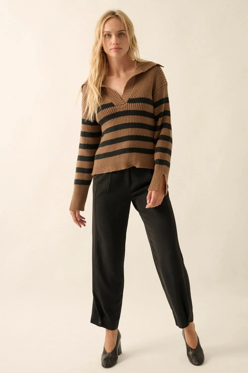Brown-Black Stripe Oversize Collar V Neck Rib Knit Sweater Top sold by Pinkblush product image thumbnail 4