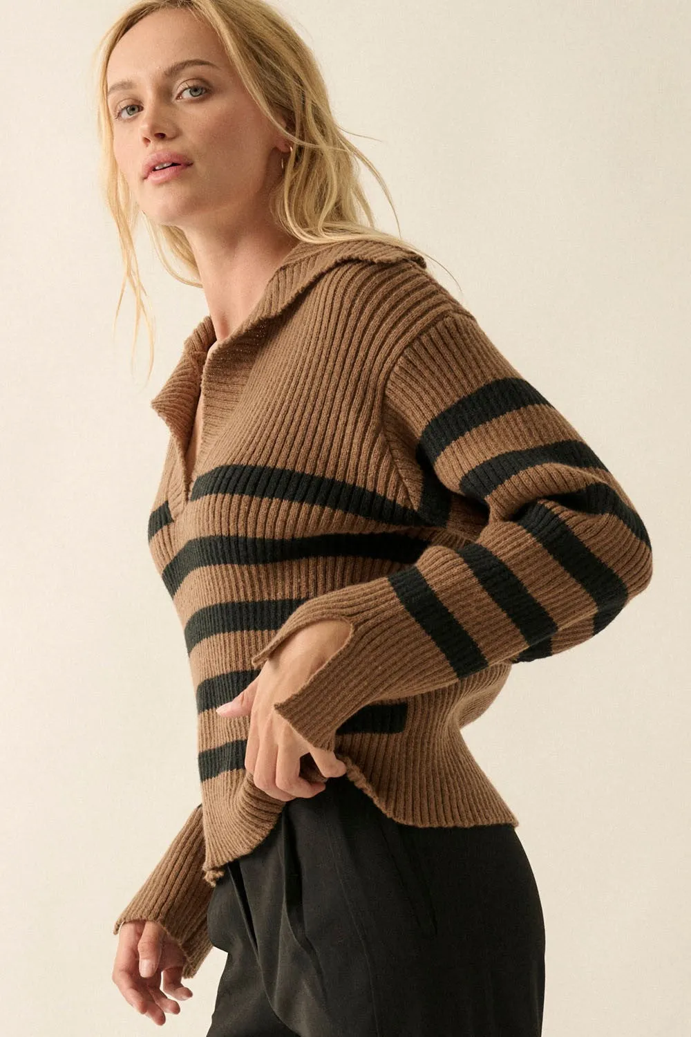Brown-Black Stripe Oversize Collar V Neck Rib Knit Sweater Top sold by Pinkblush