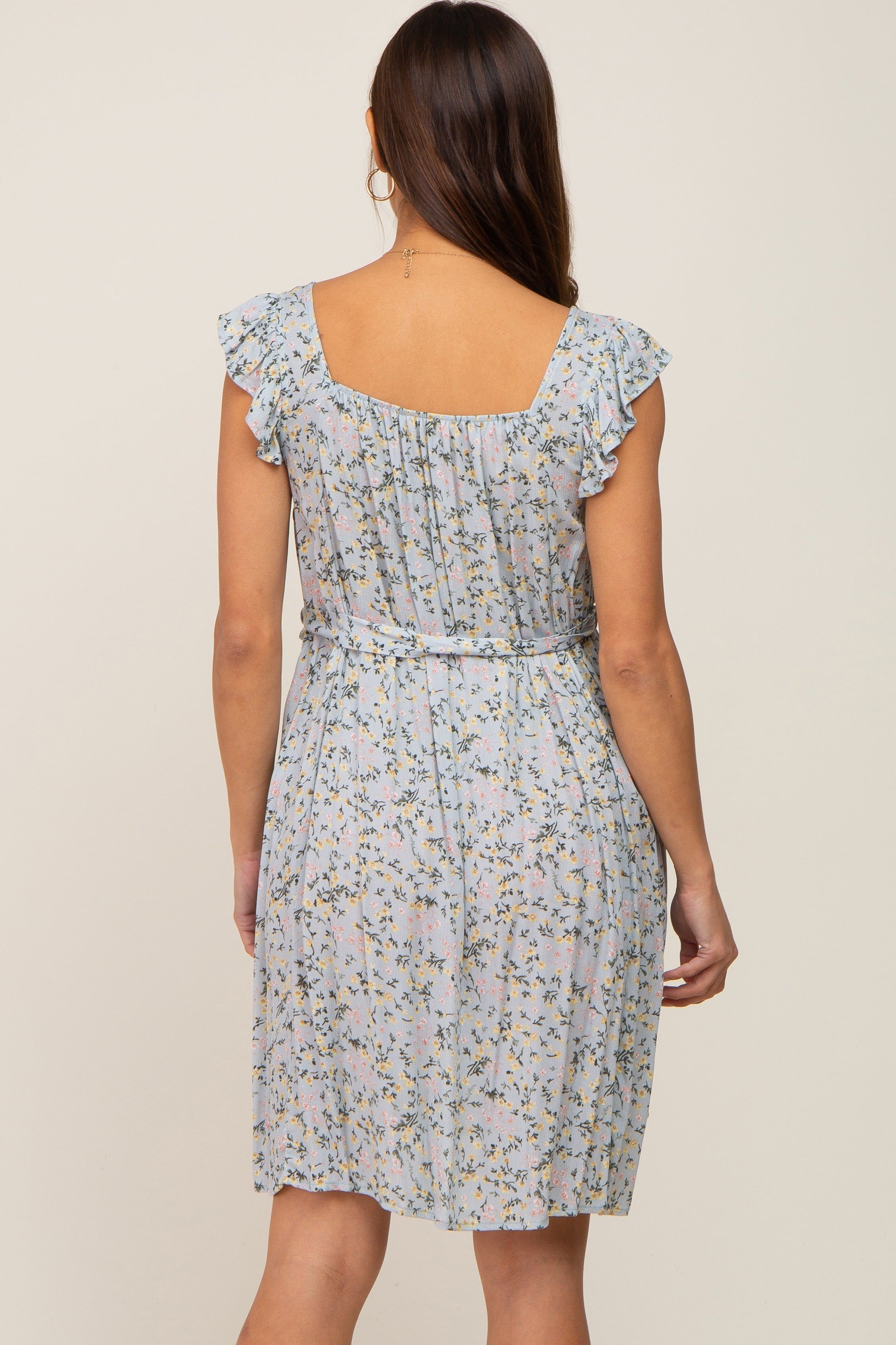 Light Blue Floral Flutter Sleeve Waist Tie Maternity Dress sold by Pinkblush product image thumbnail 4