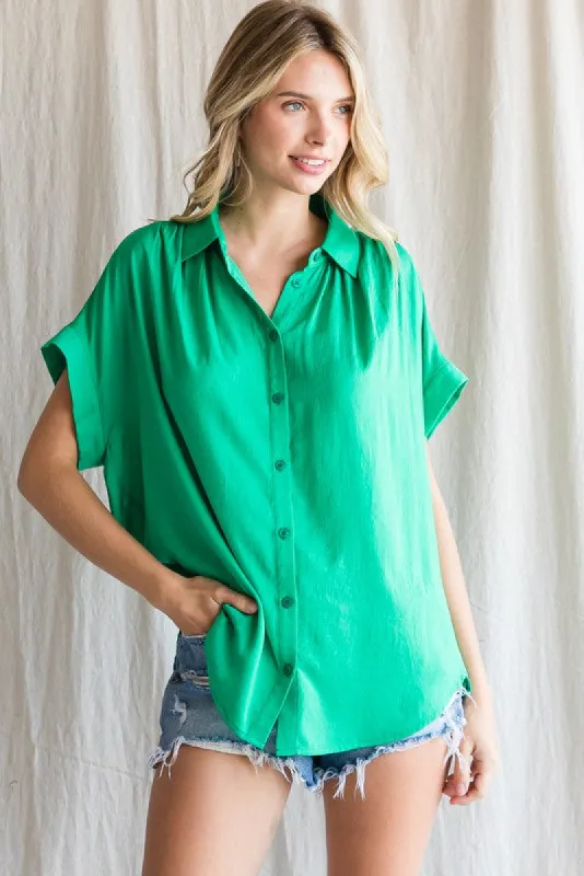 Green Satin Button Front Collared Short Sleeve Top sold by Pinkblush