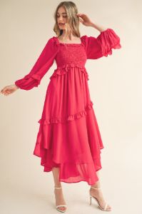 Fuchsia Smocked Ruffle Long Sleeve Midi Dress sold by Pinkblush