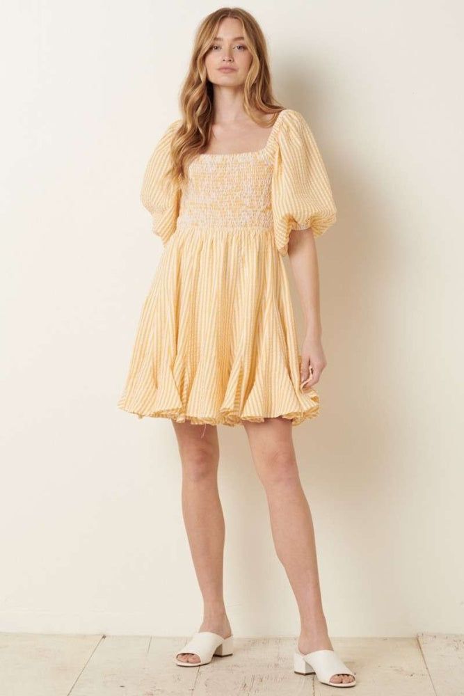 Yellow Stripe Smocking Bodice Mini Dress sold by Pinkblush product image thumbnail 4
