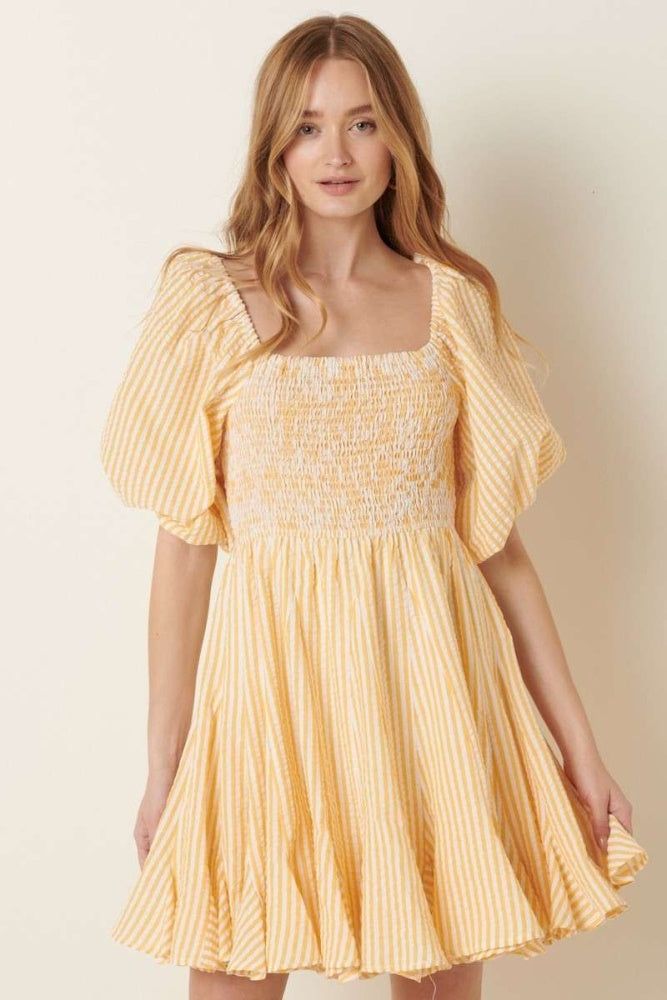 Yellow Stripe Smocking Bodice Mini Dress sold by Pinkblush