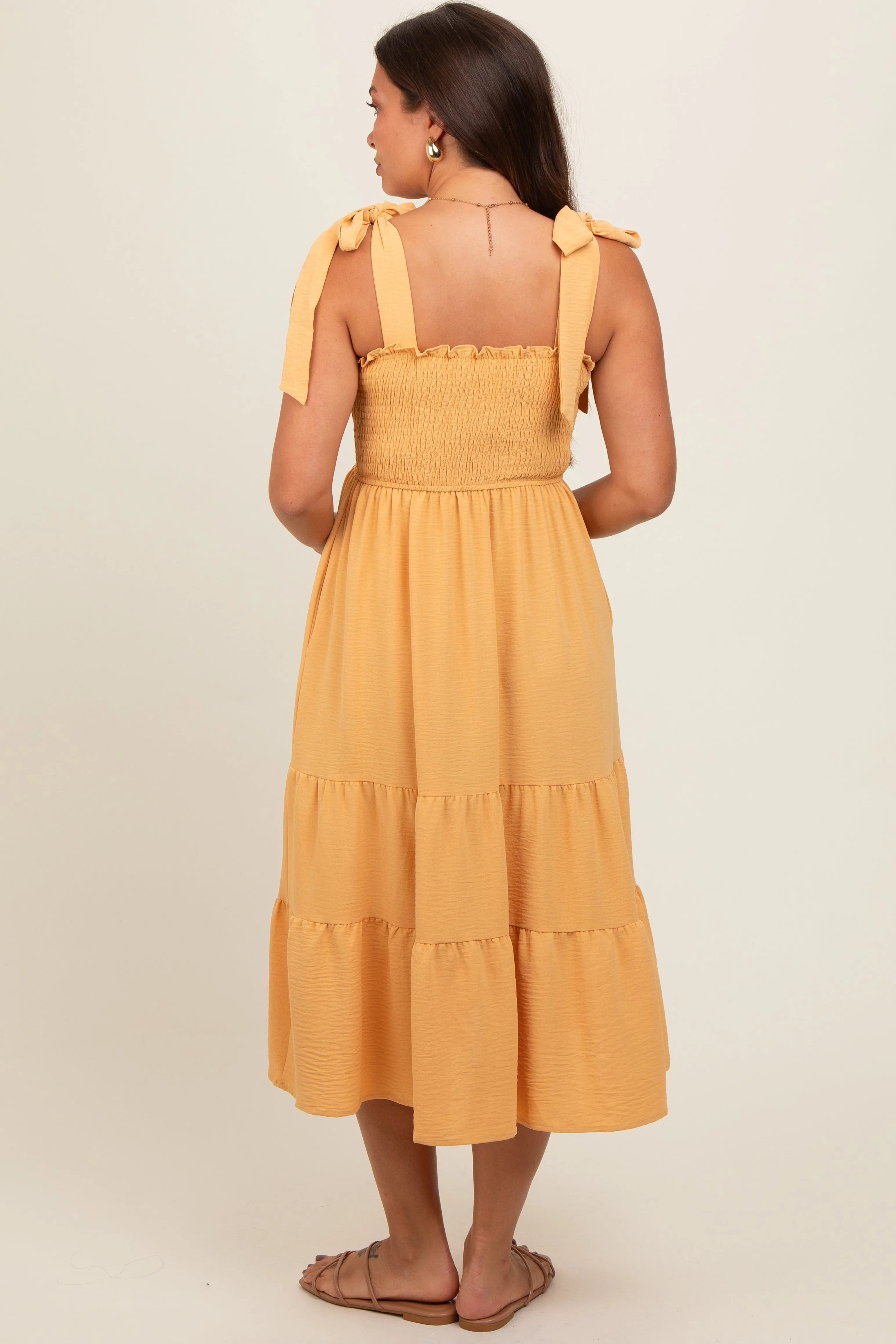 Yellow Smocked Tie Strap Tiered Maternity Midi Dress sold by Pinkblush product image thumbnail 4