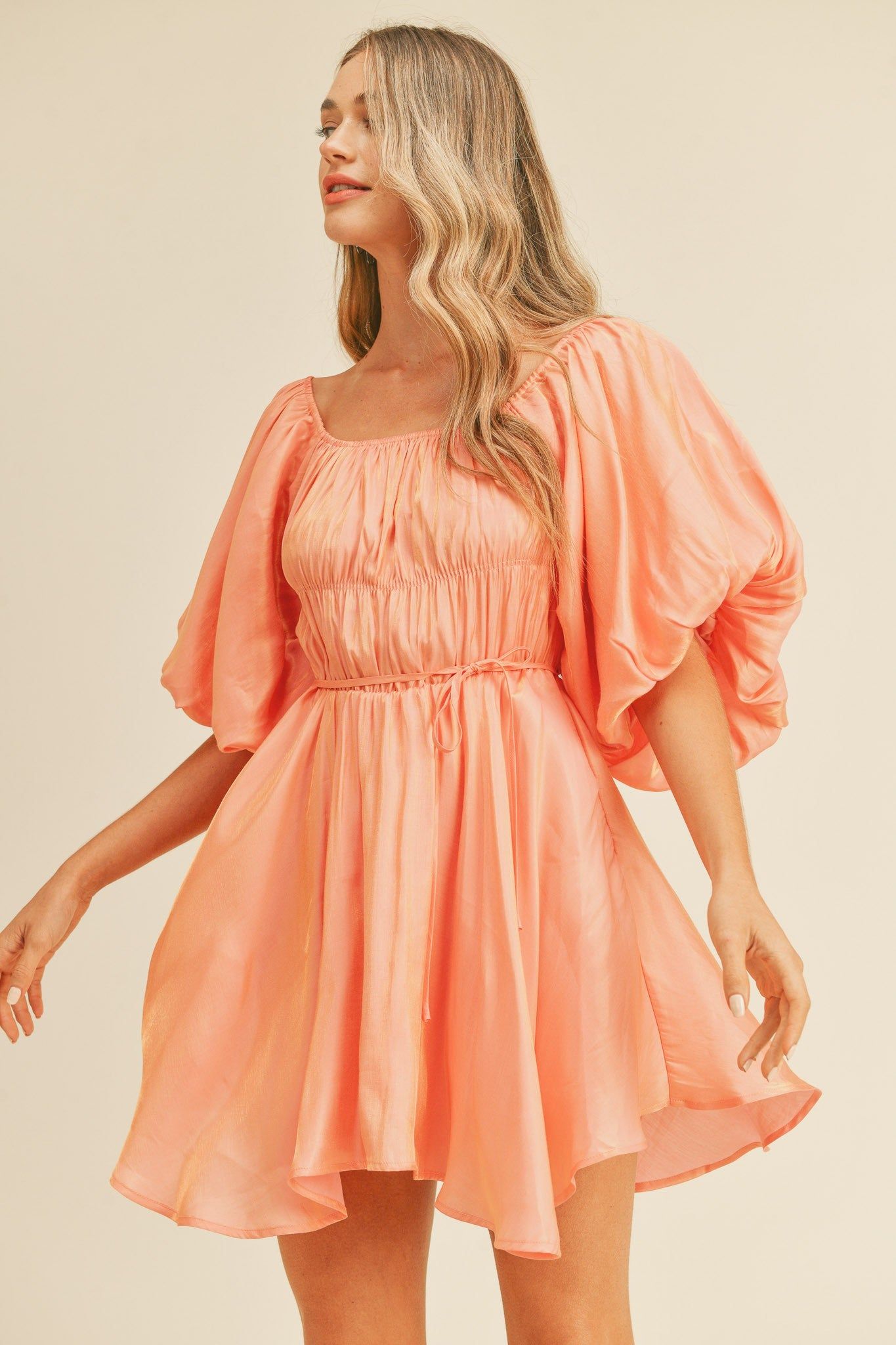 Peach Metallic Bubble Sleeve Flared Mini Dress sold by Pinkblush product image thumbnail 2