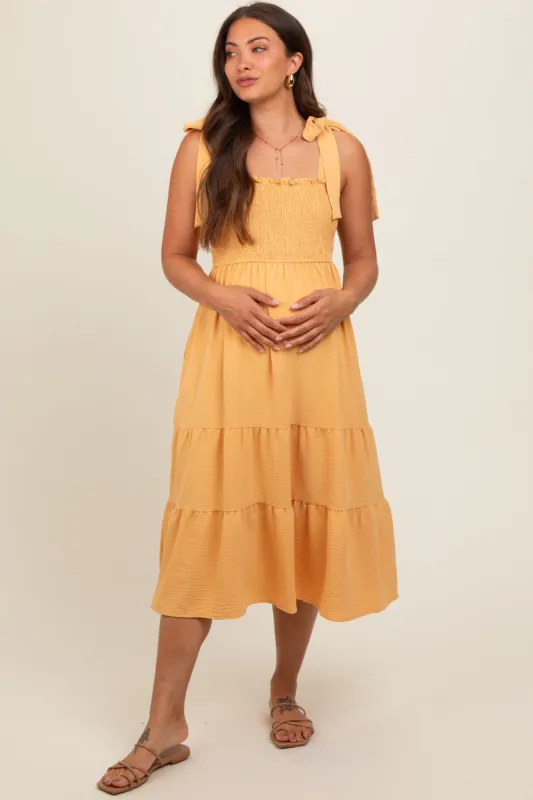 Yellow Smocked Tie Strap Tiered Maternity Midi Dress sold by Pinkblush