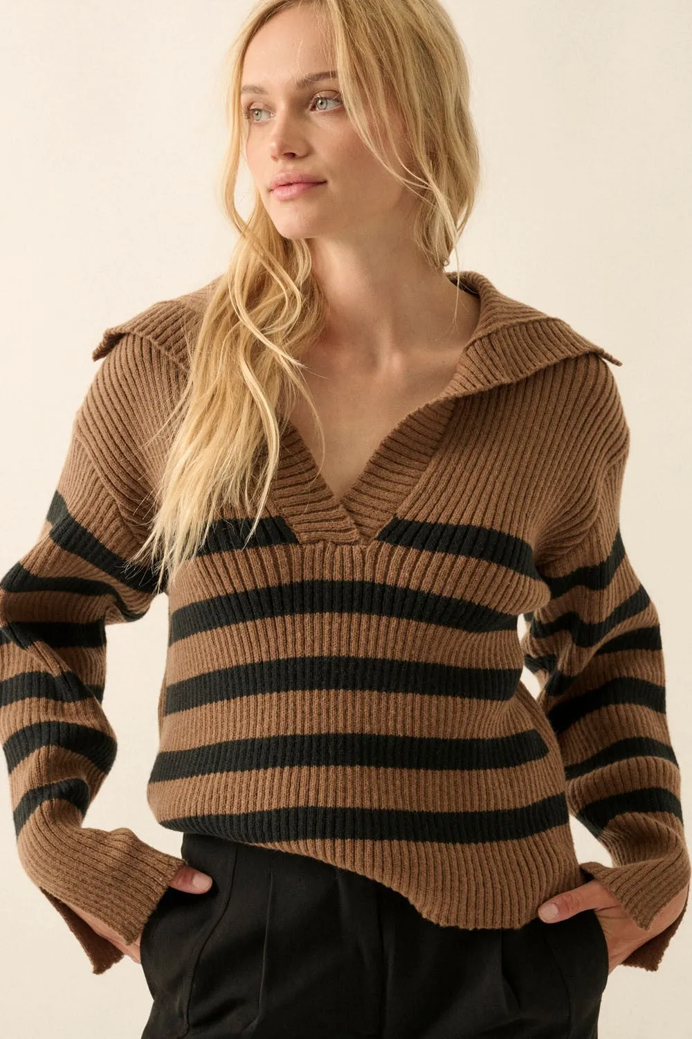 Brown-Black Stripe Oversize Collar V Neck Rib Knit Sweater Top sold by Pinkblush product image thumbnail 2