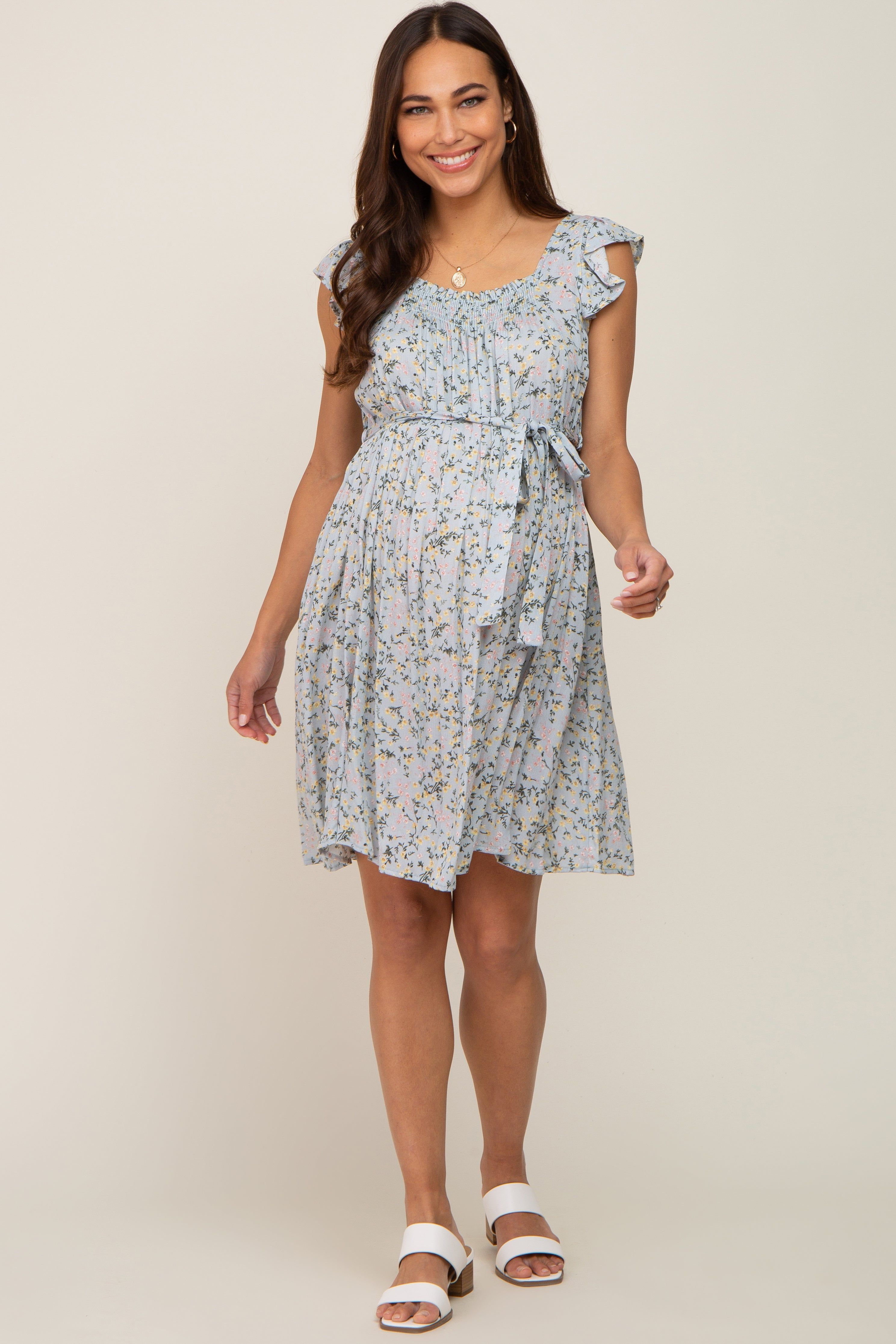 Light Blue Floral Flutter Sleeve Waist Tie Maternity Dress sold by Pinkblush product image thumbnail 5