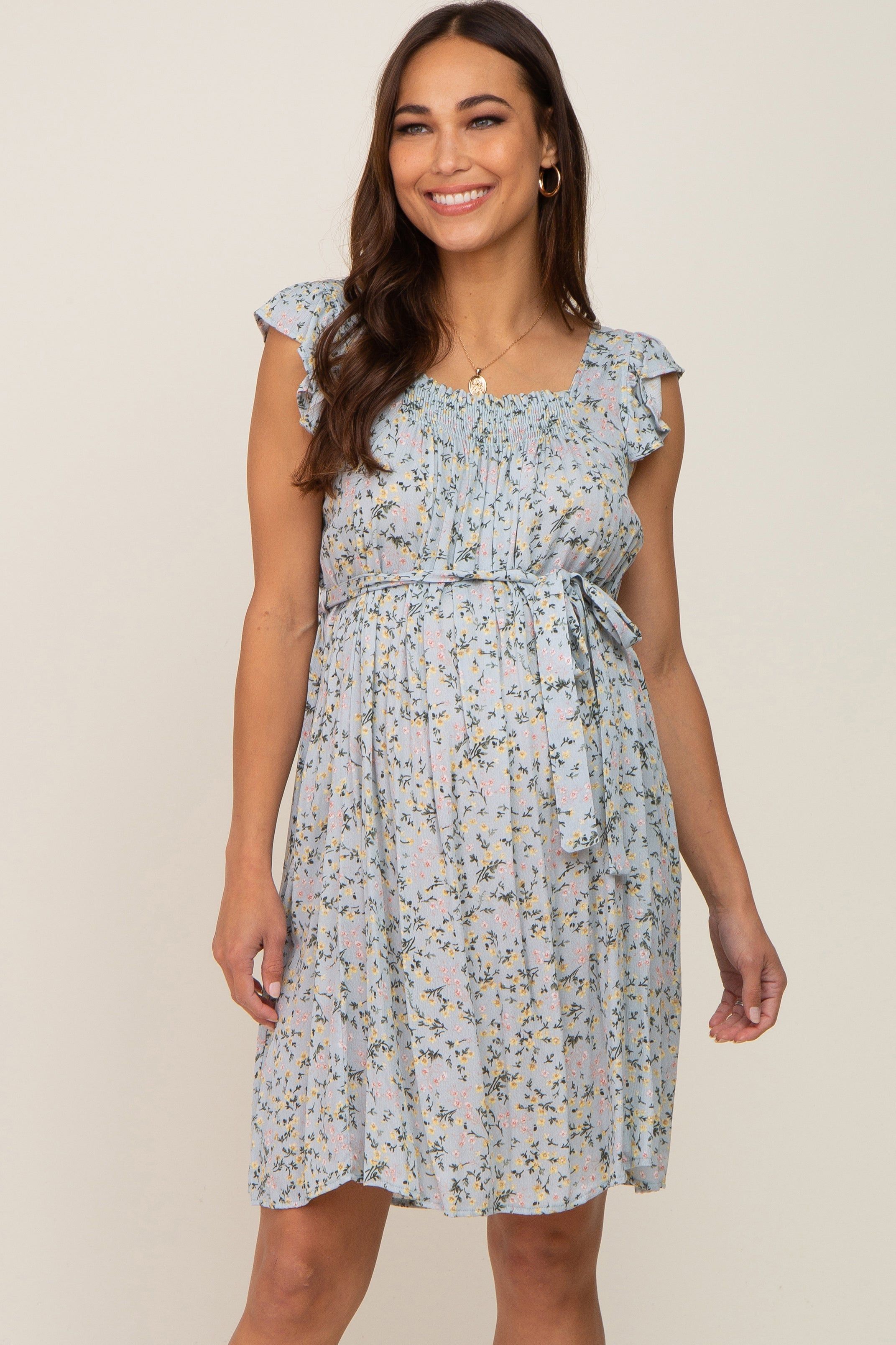 Light Blue Floral Flutter Sleeve Waist Tie Maternity Dress sold by Pinkblush product image thumbnail 2
