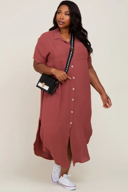 Rust Button Down Hi Low Plus Maxi Dress sold by Pinkblush