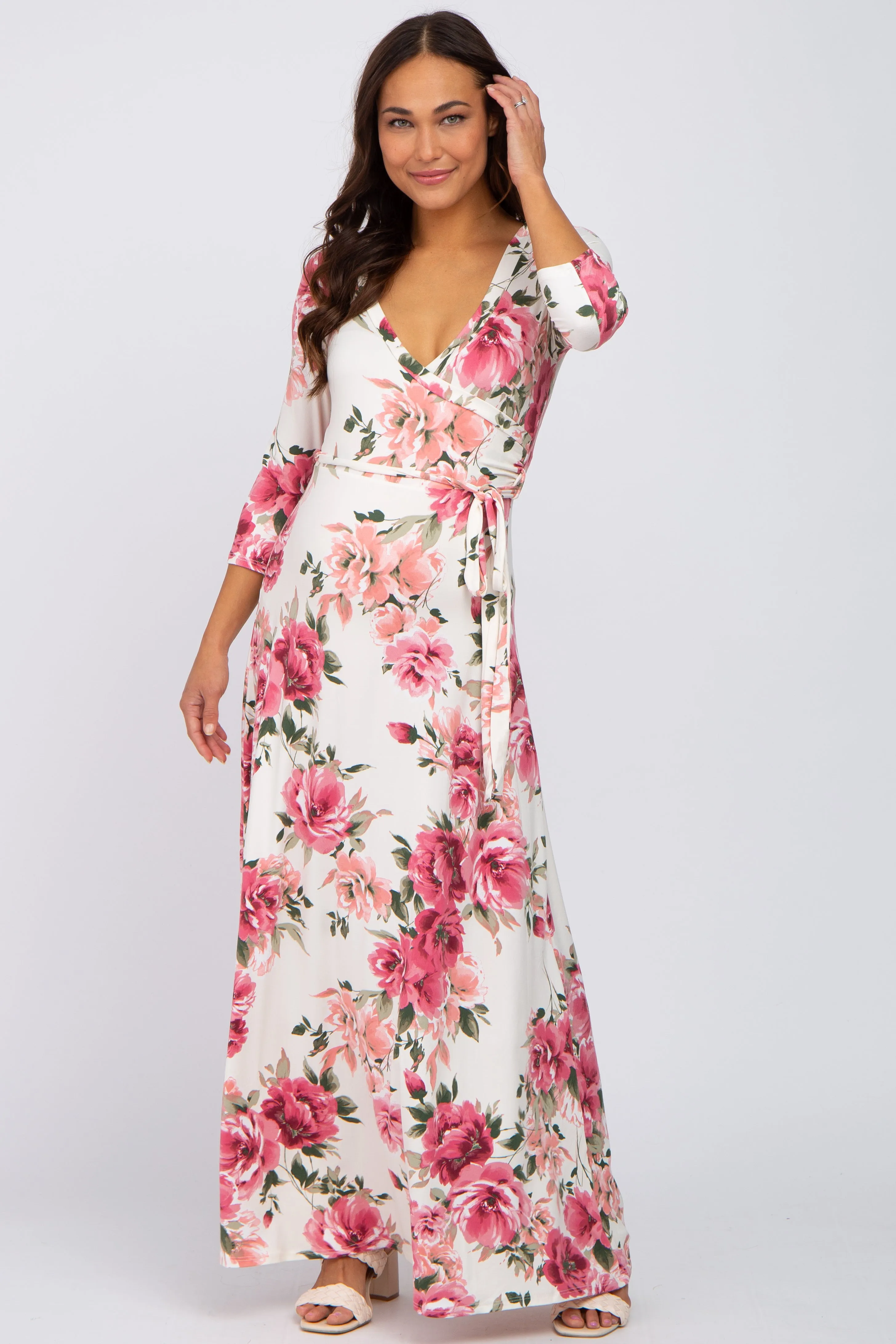 Cream Floral Maternity Wrap Maxi Dress sold by Pinkblush