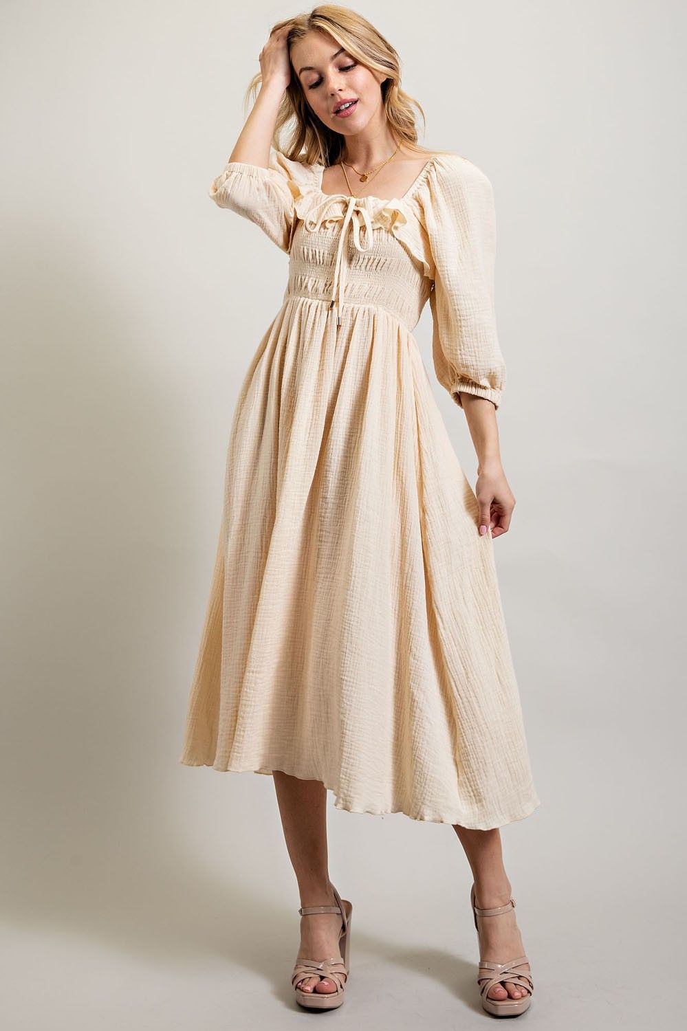 Cream Gauze Smocking Midi Dress sold by Pinkblush
