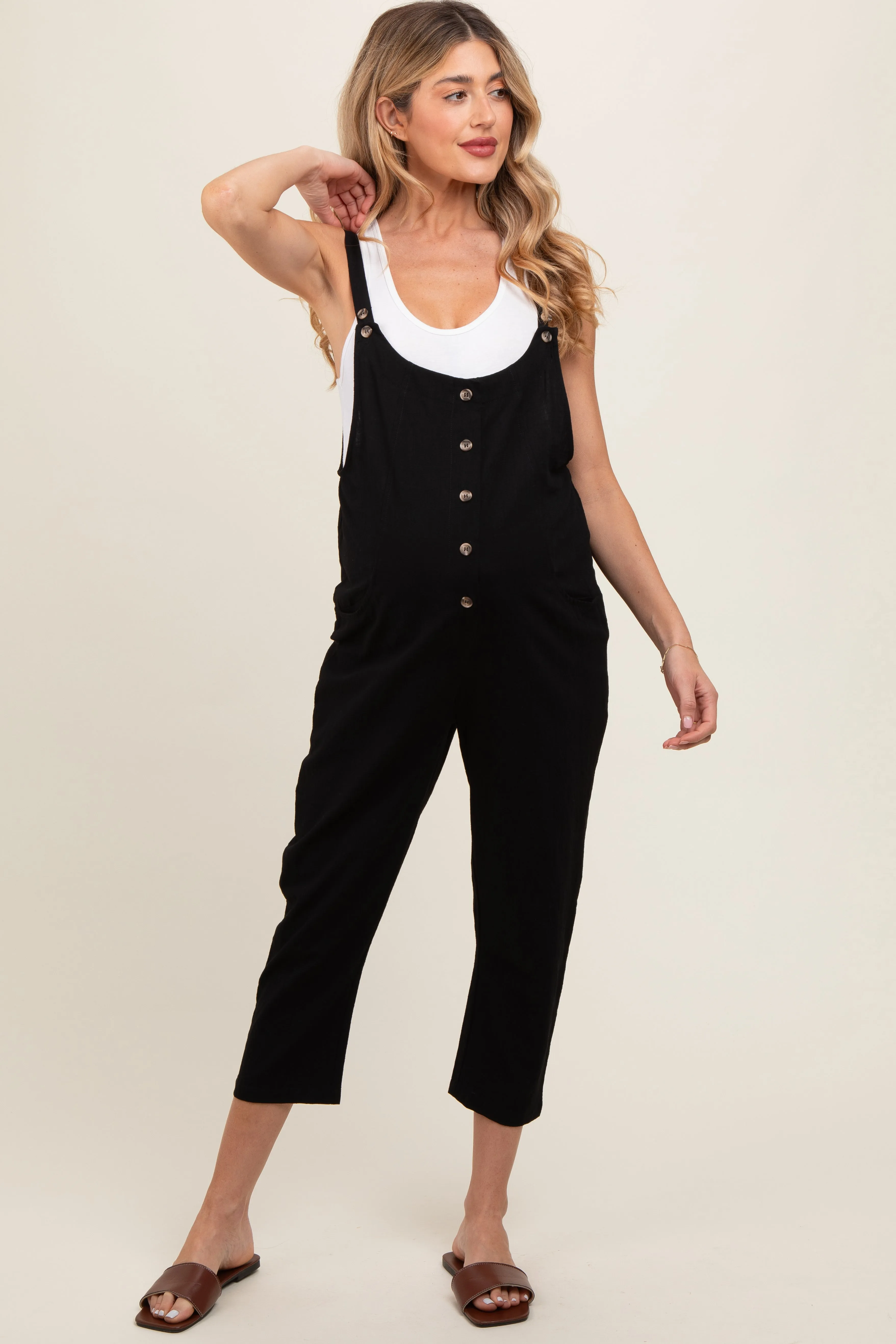 Black Button Down Maternity Cropped Jumpsuit sold by Pinkblush product image thumbnail 2