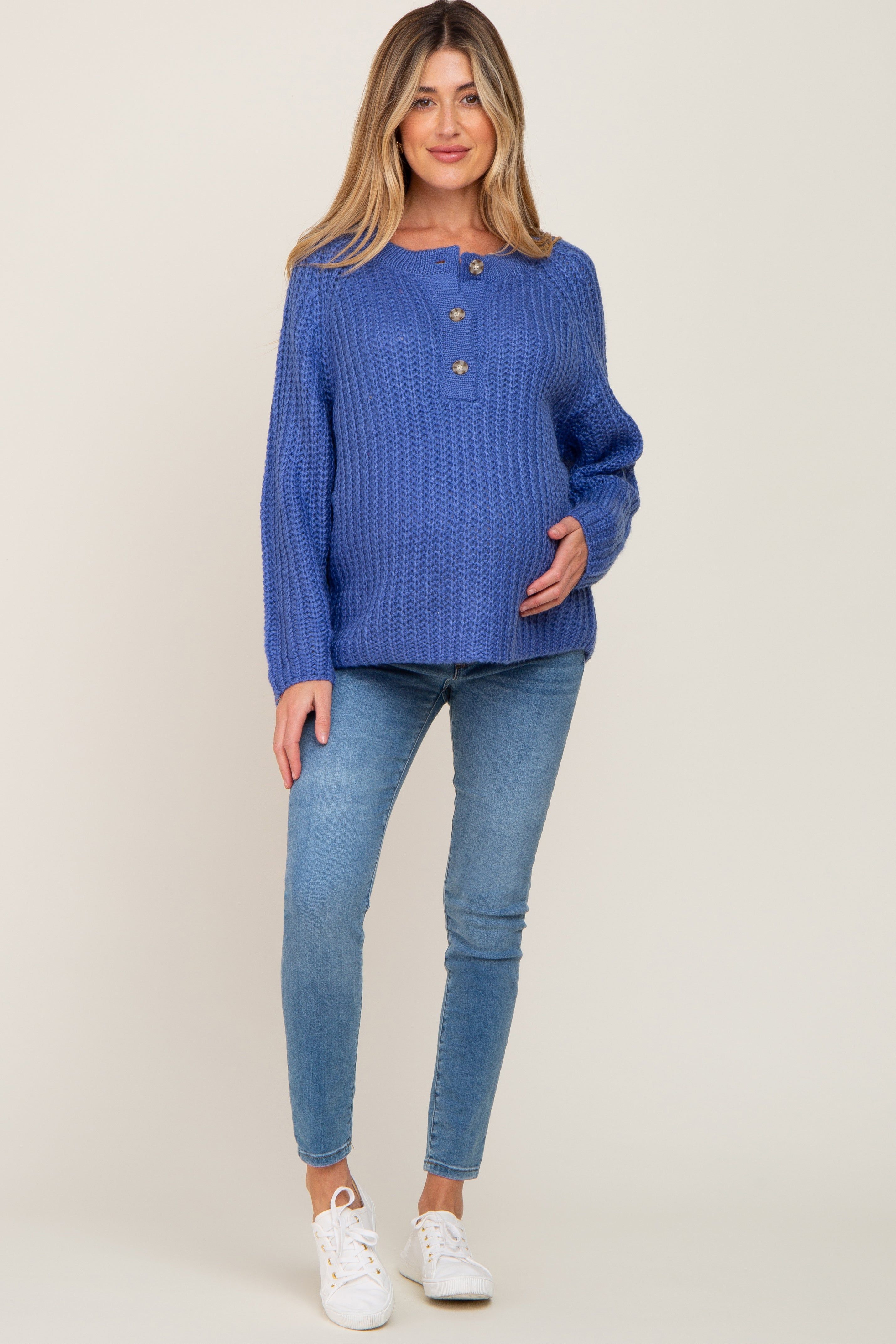 Blue Open Knit Button Front Maternity Sweater sold by Pinkblush product image thumbnail 4