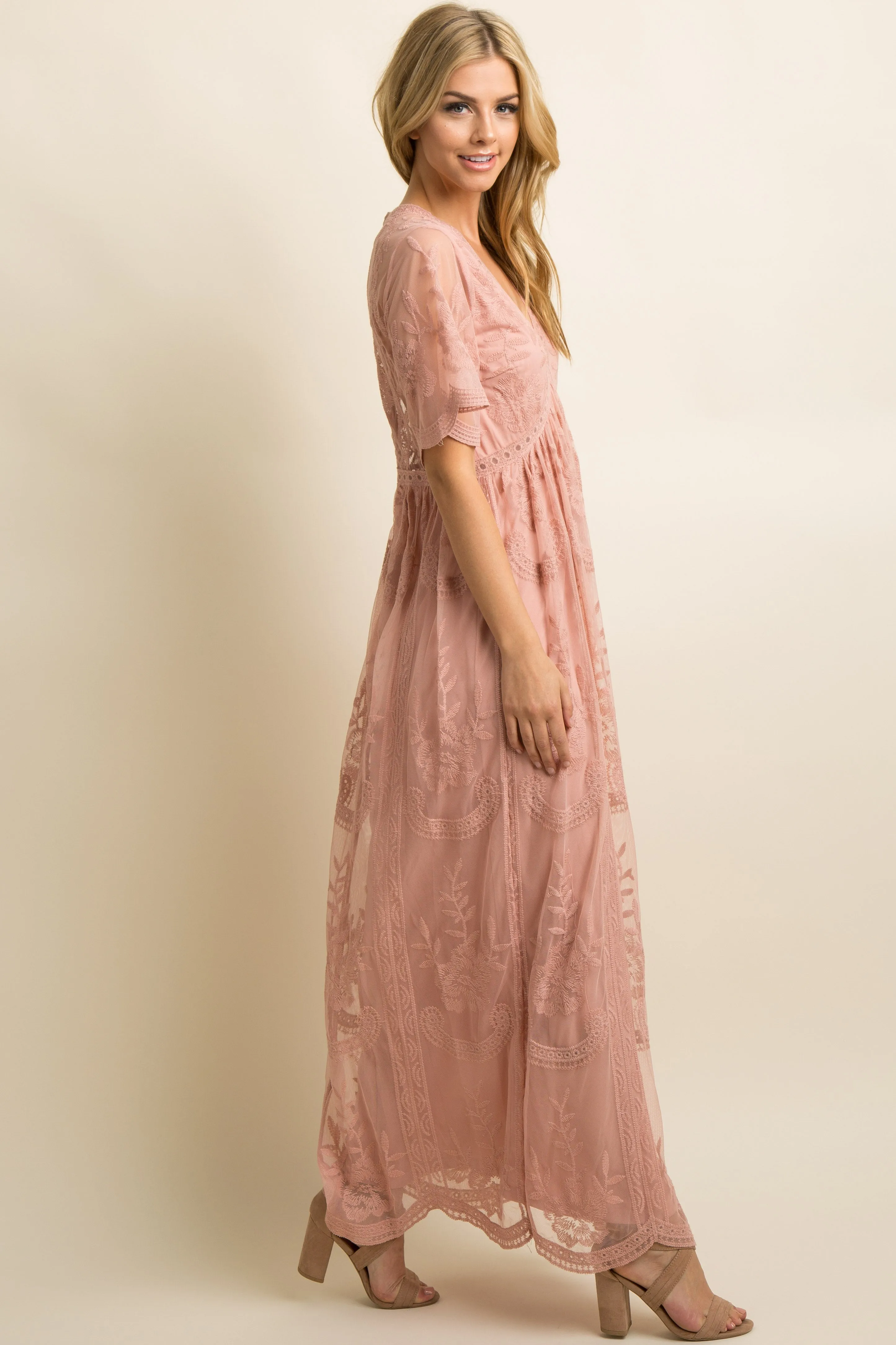 Light Pink Lace Mesh Overlay Maxi Dress sold by Pinkblush product image thumbnail 2