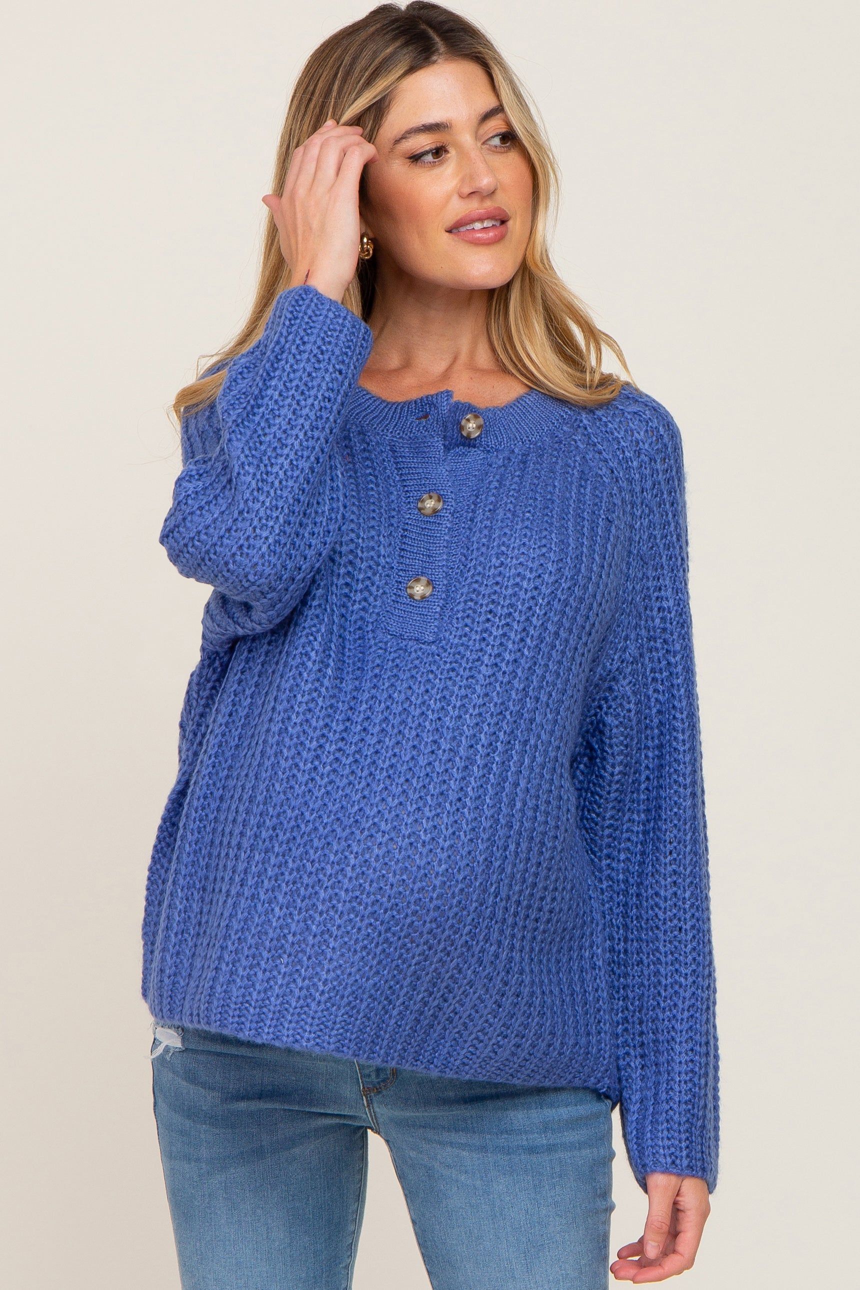 Blue Open Knit Button Front Maternity Sweater sold by Pinkblush