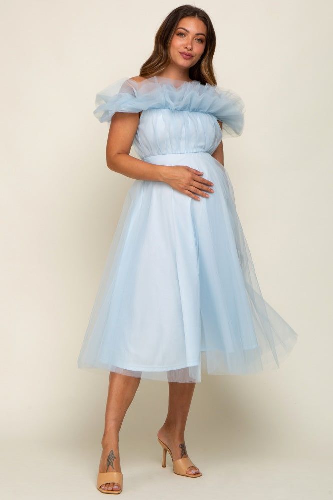 Light Blue Tulle Off Shoulder Maternity Midi Dress sold by Pinkblush product image thumbnail 2
