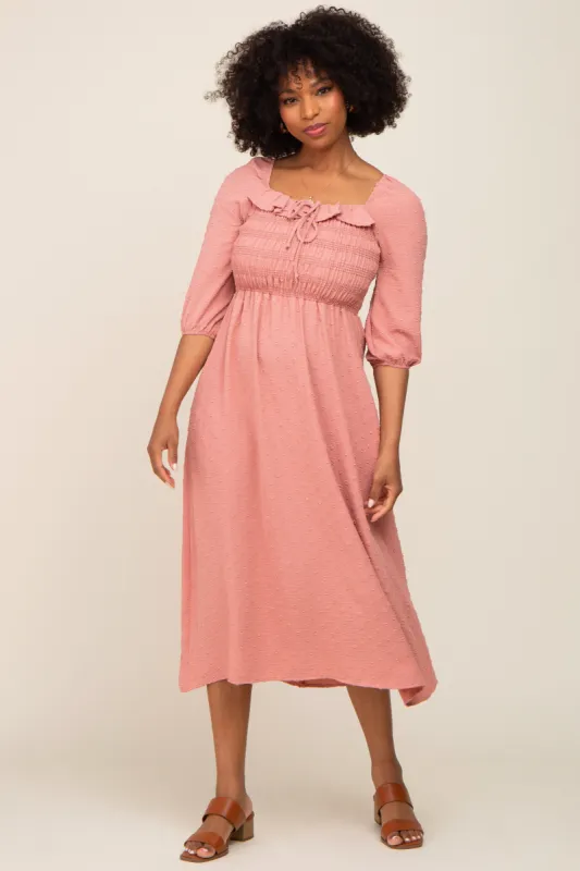 Mauve Swiss Dot 3/4 Sleeve Midi Dress sold by Pinkblush