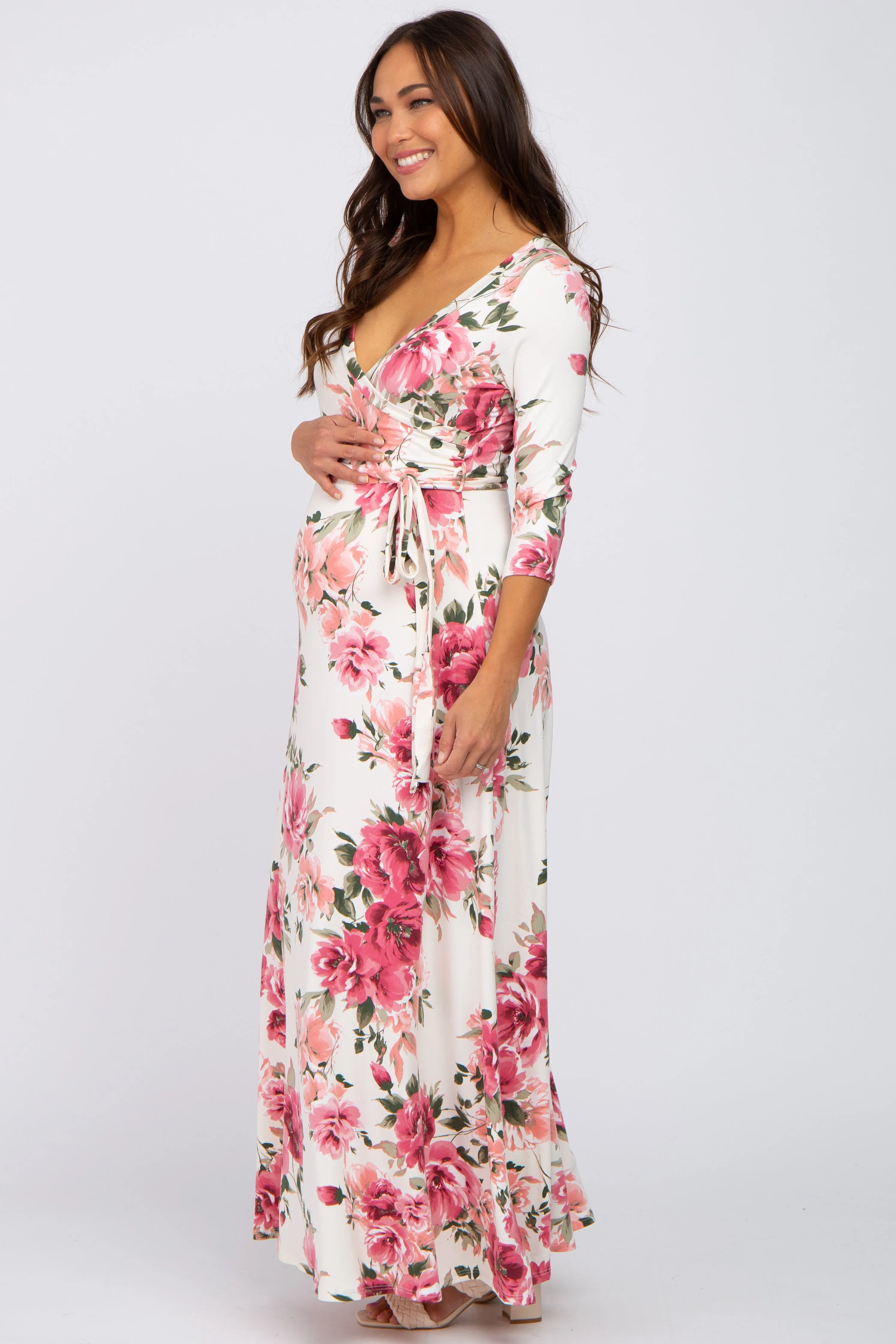 Cream Floral Maternity Wrap Maxi Dress sold by Pinkblush product image thumbnail 2