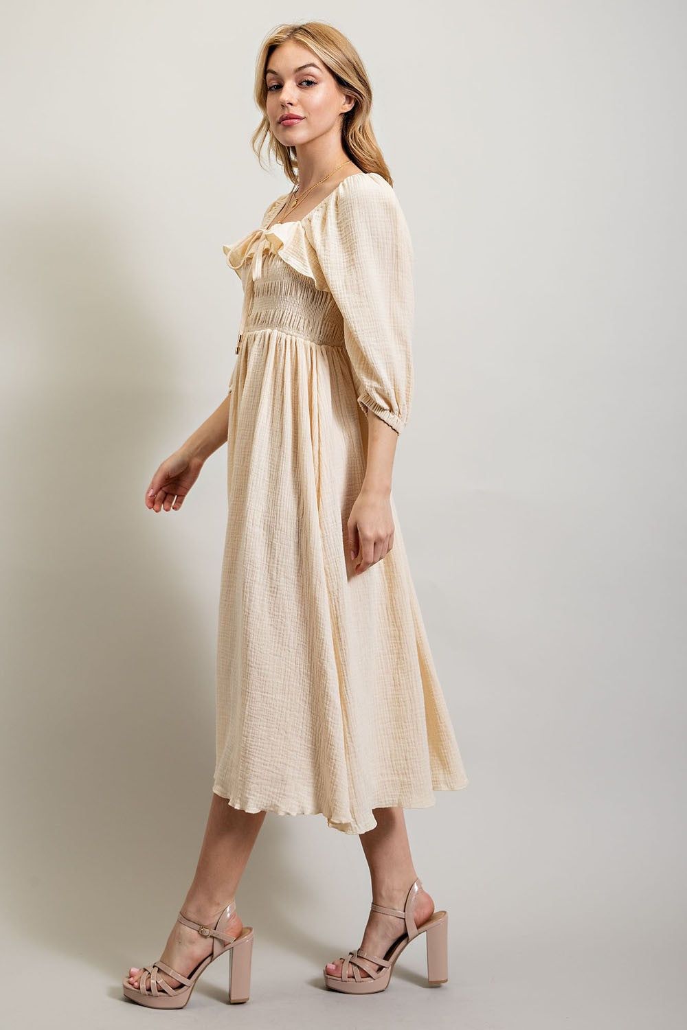 Cream Gauze Smocking Midi Dress sold by Pinkblush product image thumbnail 2