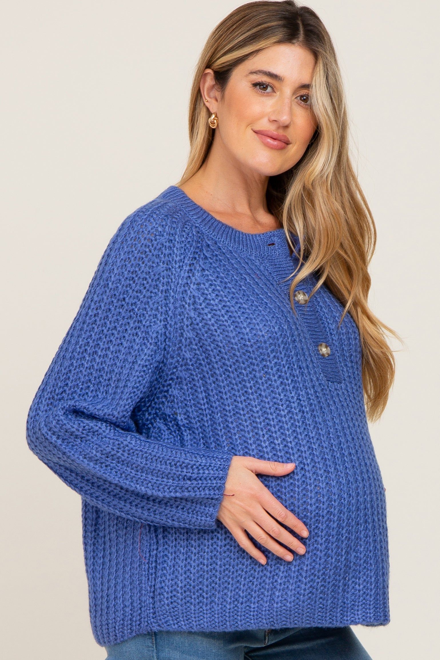 Blue Open Knit Button Front Maternity Sweater sold by Pinkblush product image thumbnail 2