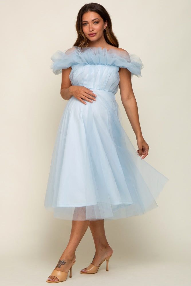 Light Blue Tulle Off Shoulder Maternity Midi Dress sold by Pinkblush product image thumbnail 3