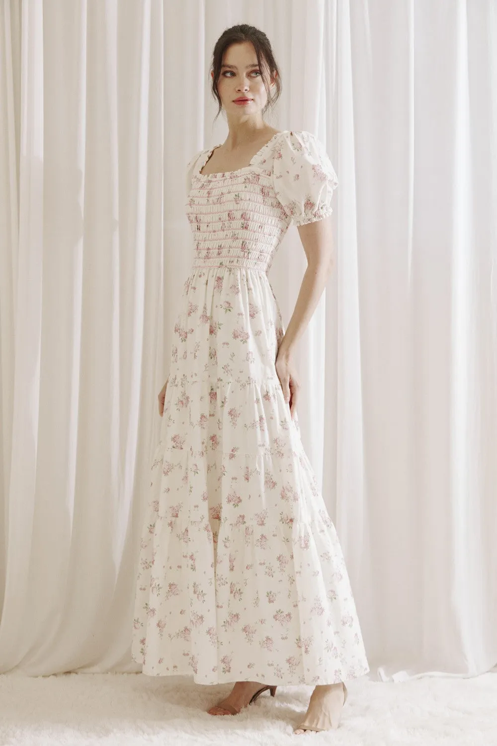 Ivory Pink Floral Rose Bouquet Print Maxi Dress sold by Pinkblush