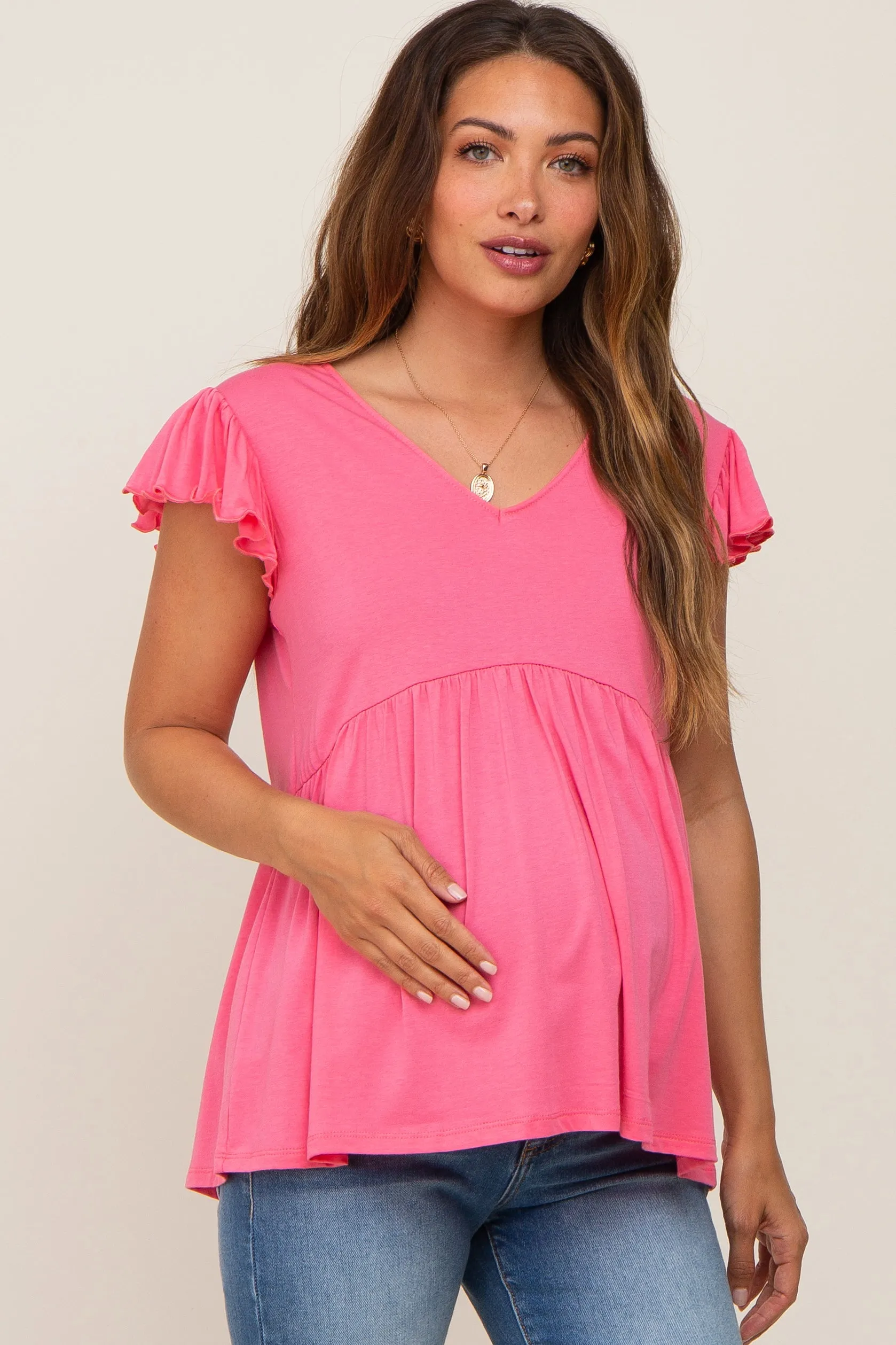 Pink Flutter Sleeve V-Neck Maternity Top sold by Pinkblush
