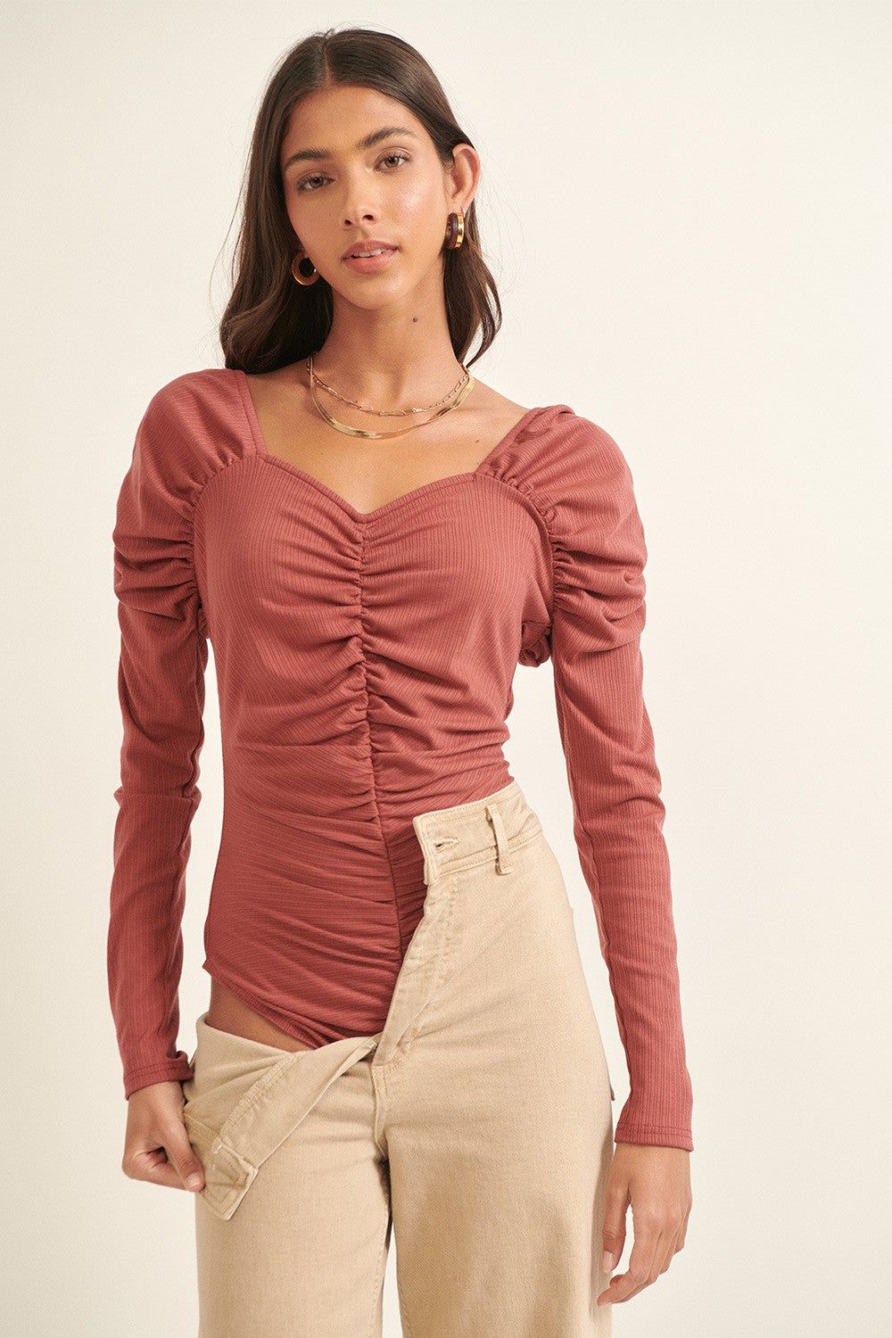 Rose Solid Sweetheart Neck Ruched Low Back Bodysuit sold by Pinkblush product image thumbnail 5