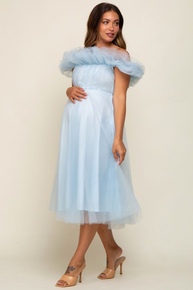 Light Blue Tulle Off Shoulder Maternity Midi Dress sold by Pinkblush product image thumbnail 4