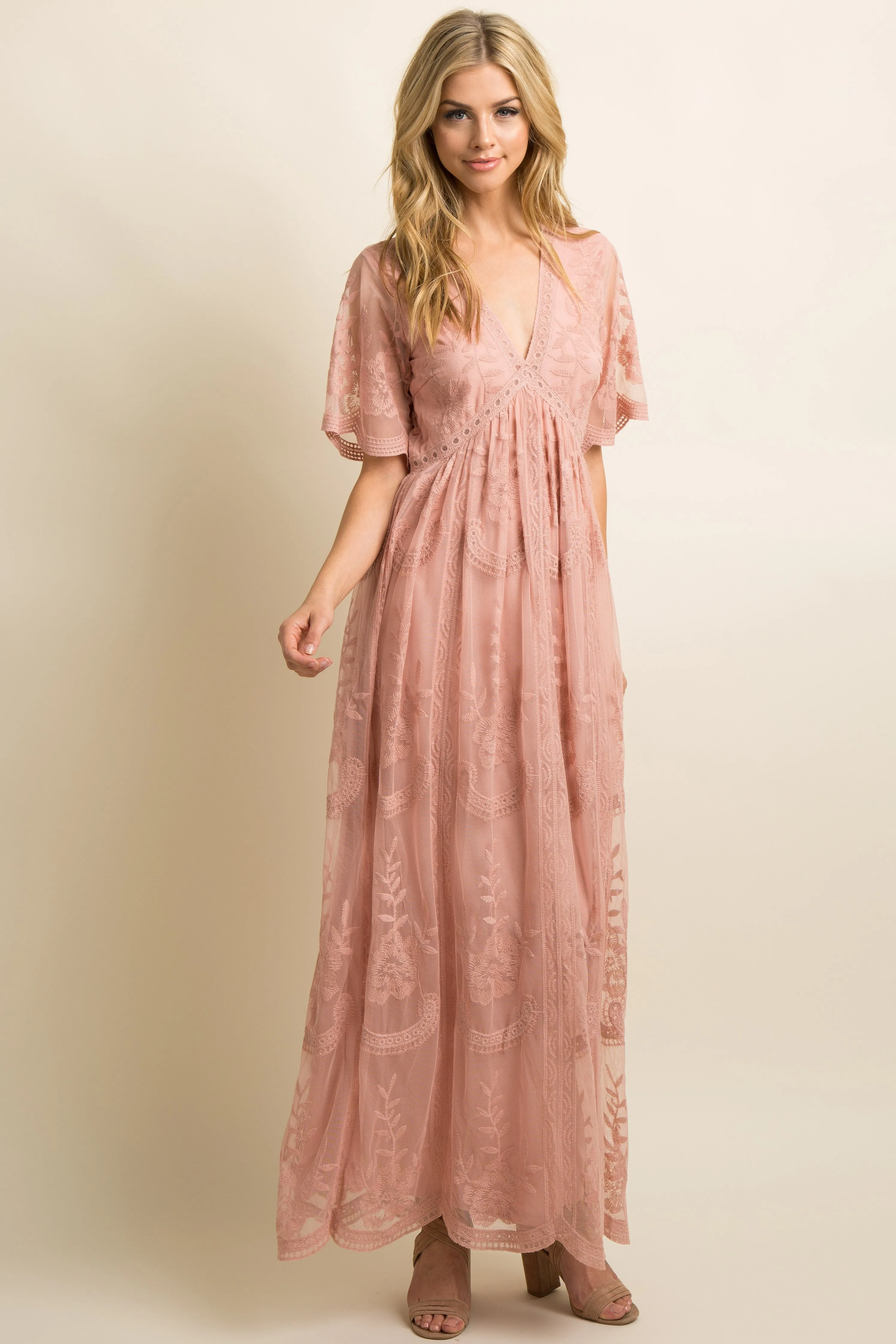 Light Pink Lace Mesh Overlay Maxi Dress sold by Pinkblush