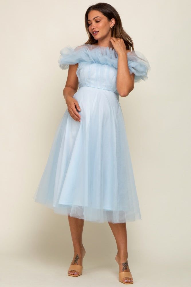 Light Blue Tulle Off Shoulder Maternity Midi Dress sold by Pinkblush