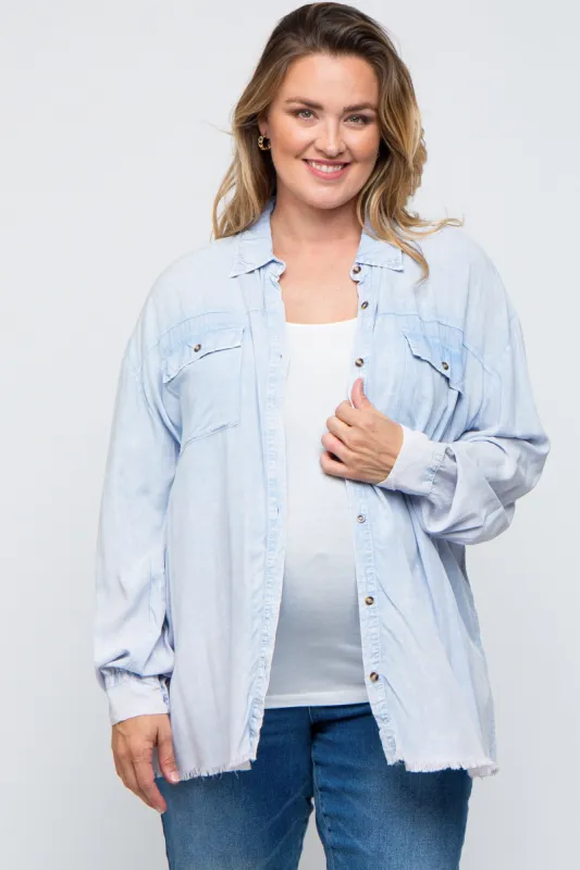Light Blue Button Up Fringe Hem Maternity Plus Top sold by Pinkblush