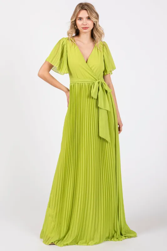 Lime Chiffon Wrap Front V-Neck Short Sleeve Pleated Maxi Dress sold by Pinkblush